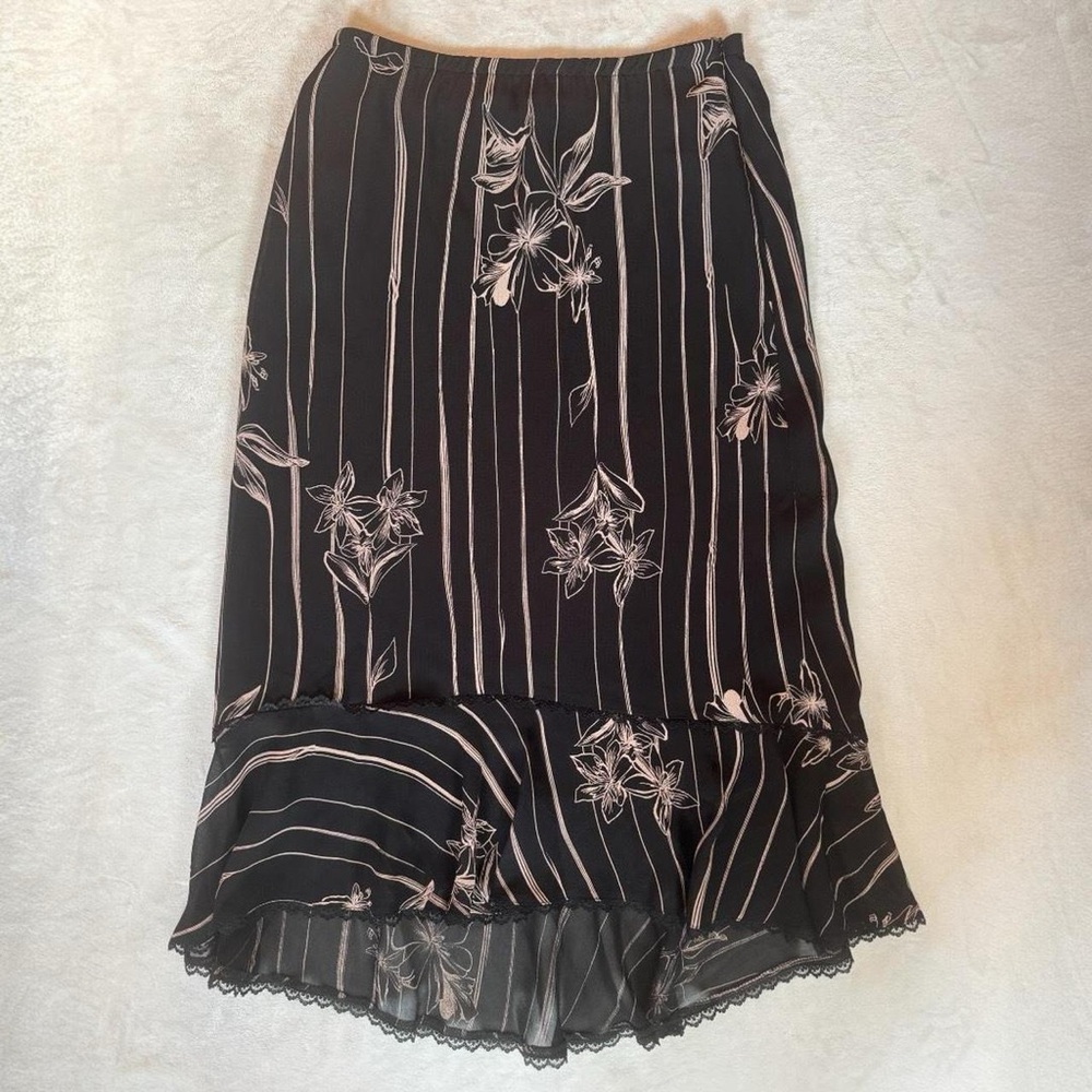 Vintage Black Midi Skirt with Blush Pink Floral Stripes